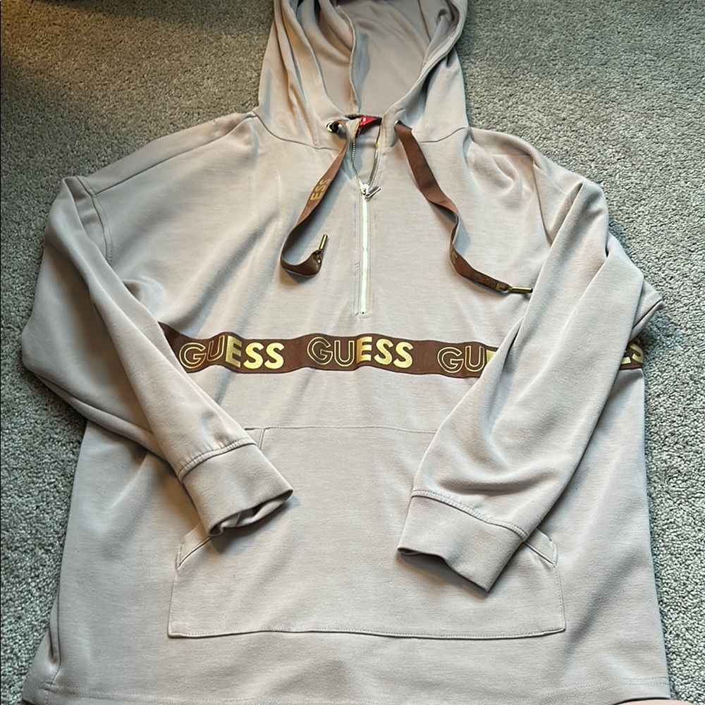 Guess Taupe Logo-Trim Hoodie Top